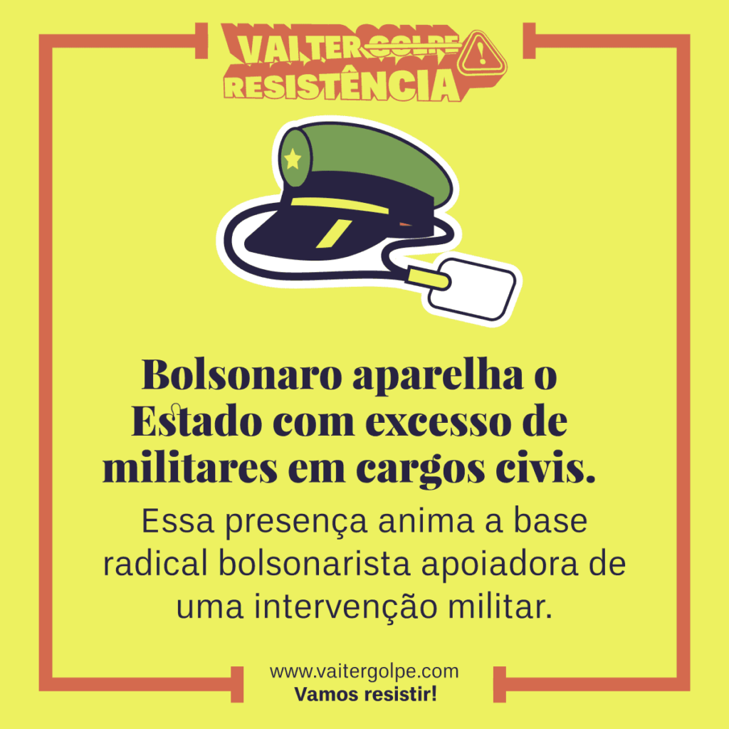 Bolsonaro aparelha o Estado com excesso de militares em cargos civis. Essa presença anima a base radical bolsonarista apoiadora de uma intervenção militar.